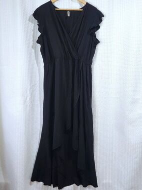 Grecerelle Black Ruffle Sleeve Wrap High Low Maxi Dress Plus Size 2XL Travel